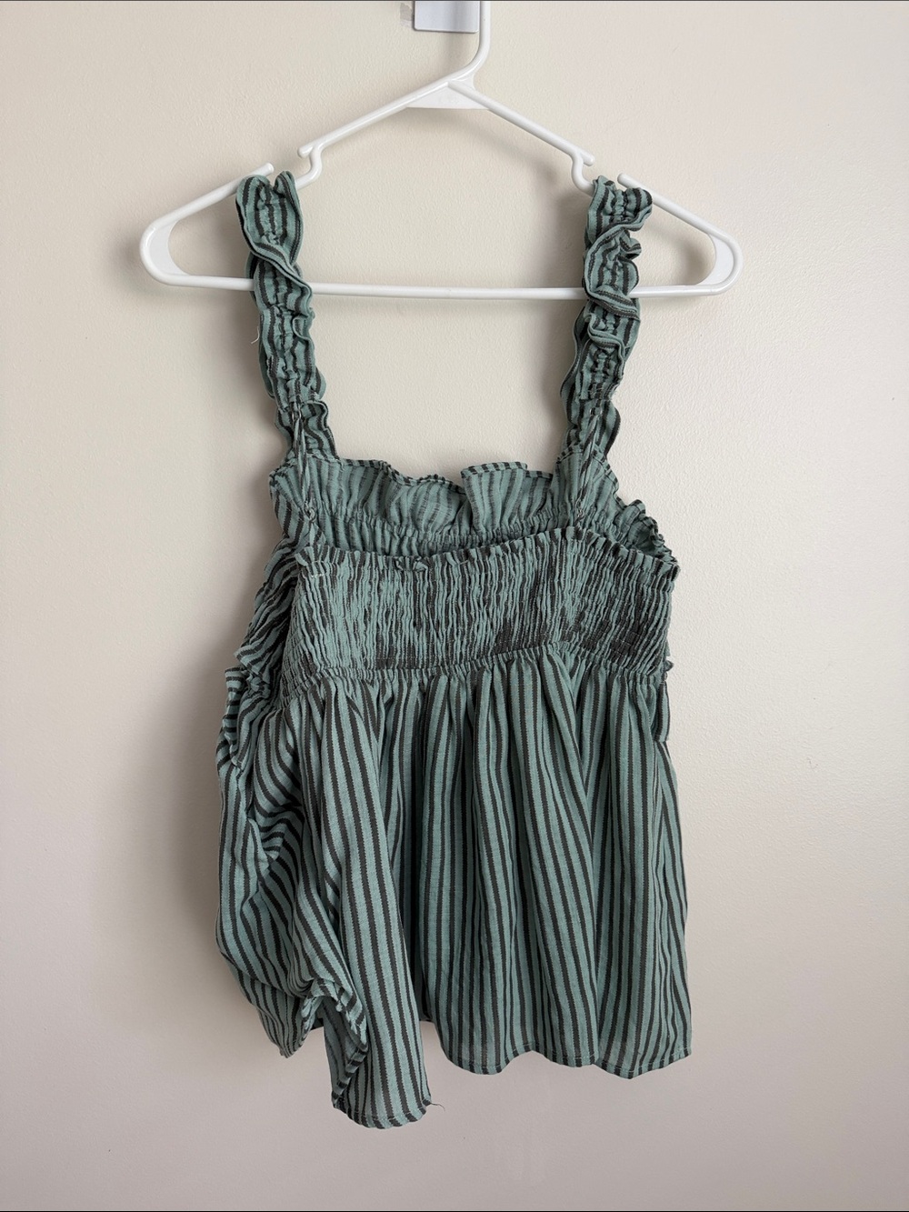 Smocked Ruffle Striped Tank Top - Sage/Teal Green with Charcoal Stripes - Picture 6 of 11